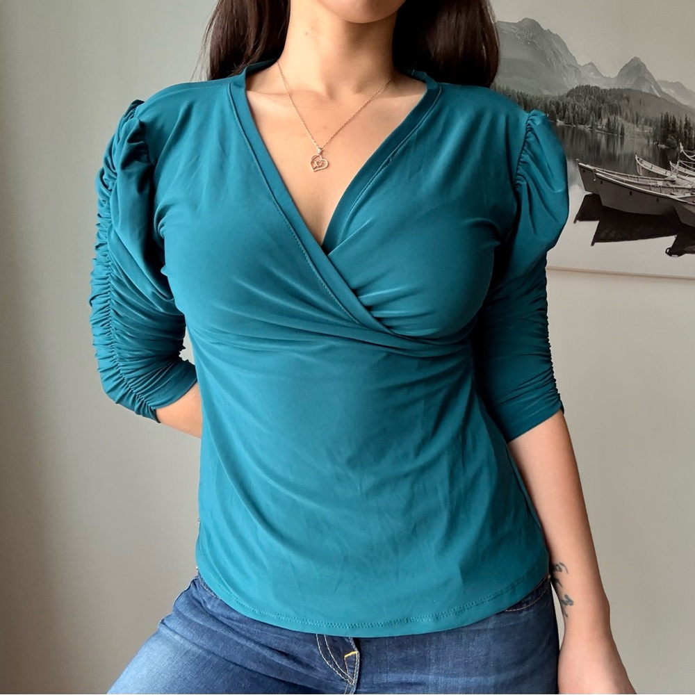 Y2K Coquette Turquoise Ruched Wrap Blouse – Glam Stretchy Going-Out Top